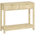 Console meuble 90 cm, table console étroite avec 2 tiroirs rainurés et étagère, style moderne, bois naturel-0