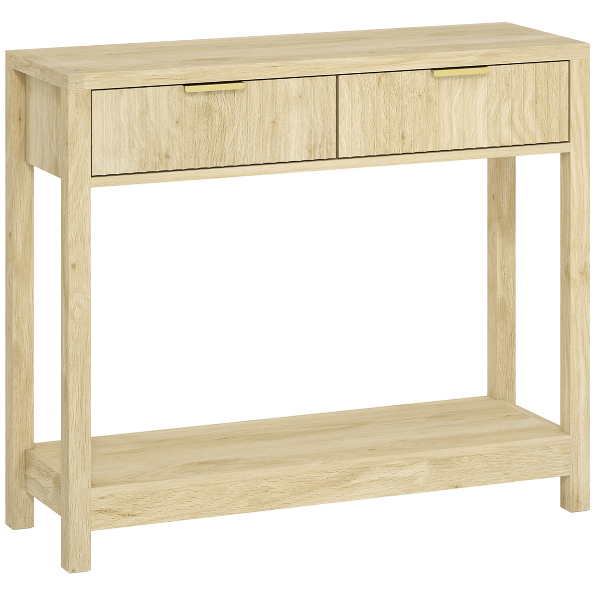 Console meuble 90 cm, table console étroite avec 2 tiroirs rainurés et étagère, style moderne, bois naturel-0