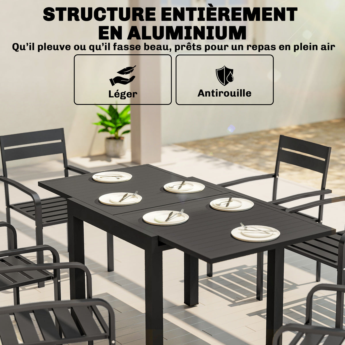 Table de jardin extensible table extérieur pour 4-6 personnes avec rallonge auto-stockée aluminium 80-160 x 80 cm noir-4