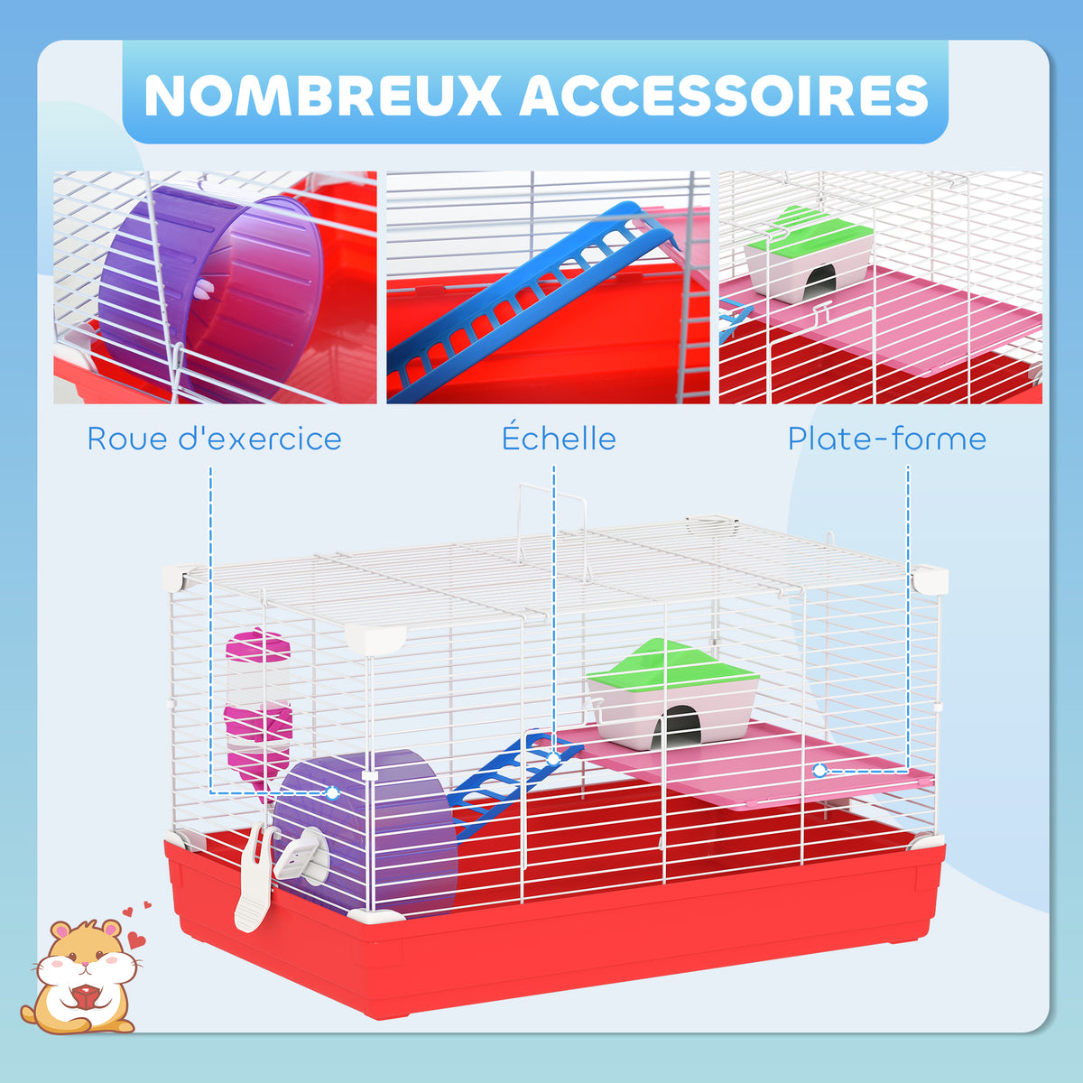 Cage hamster, cage rongeur à 2 niveaux, base amovible nettoyage facile, cabane, roue d'exercice, 47 x 30 x 27 cm, blanc-5