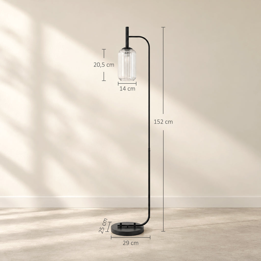 Lampadaire sur pied salon lampe sur pied avec abat-jour en verre texturé interrupteur à pied 29 x 25 x 152 cm métal noir-2