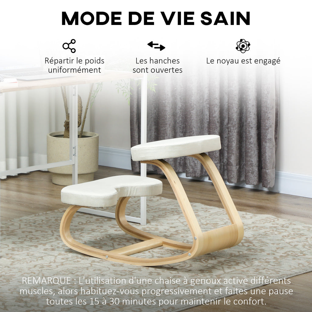 Siège assis genoux, siège ergonomique en bois à bascule, chaise à genoux pour bureau à domiciles, crème-5