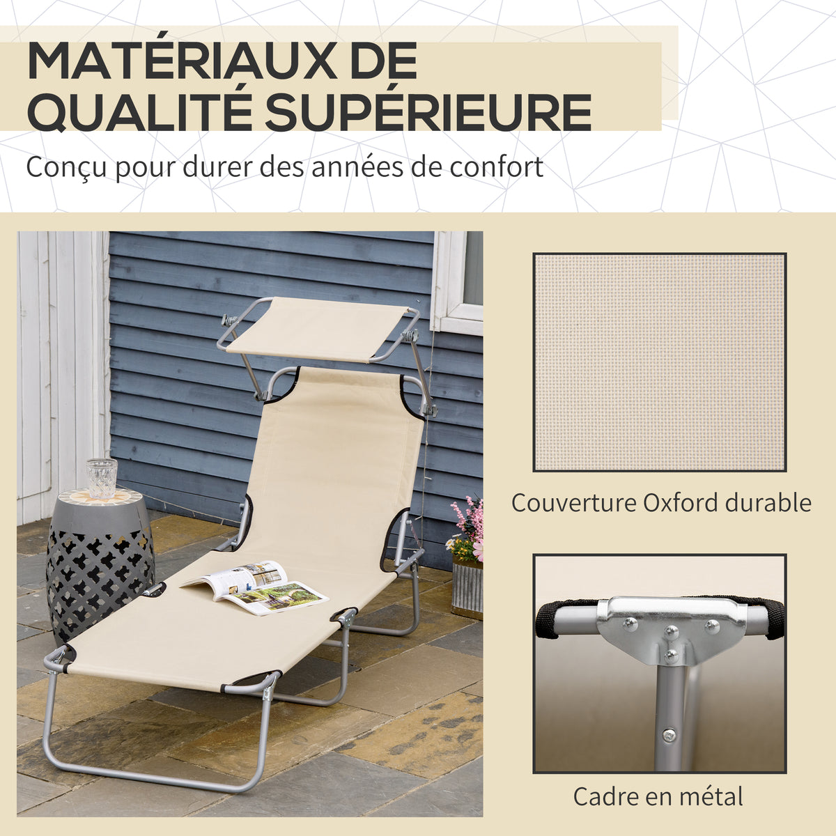Transat Bain de Soleil Pliable Chaise Longue Pliante Dossier Inclinable Multi-positions et Pare-Soleil réglable-6