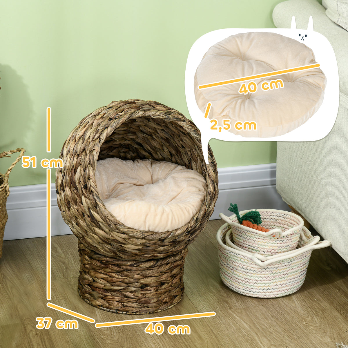 Panier lit surélevé pour chat, niche grotte cosy grand confort, dim. 40L x 37l x 51H cm coussin moelleux beige inclus-2