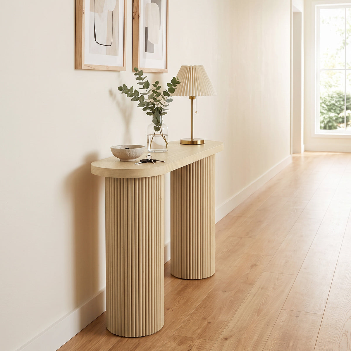 Table Console Cannelée, Rangement Dissimulé, Pieds Colonnes, Style Rustique, Console d'Entrée Étroite, 103x35x80cm Chêne-8