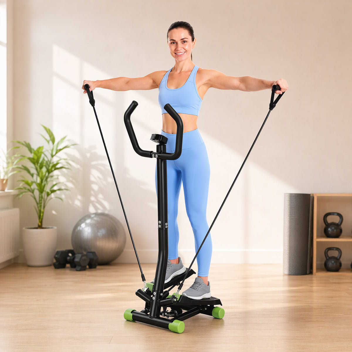 Stepper avec guidon, stepper de fitness avec écran LCD, pédales antidérapantes, marche d'escalier pour maison, bureau, salon, salle de sport, vert et noir-9