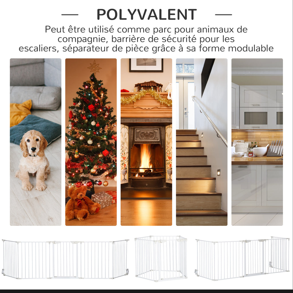 Barrière de sécurité parc enclos chien modulable pliable porte intégrée 300L max. x 74,5H cm métal PP blanc-3