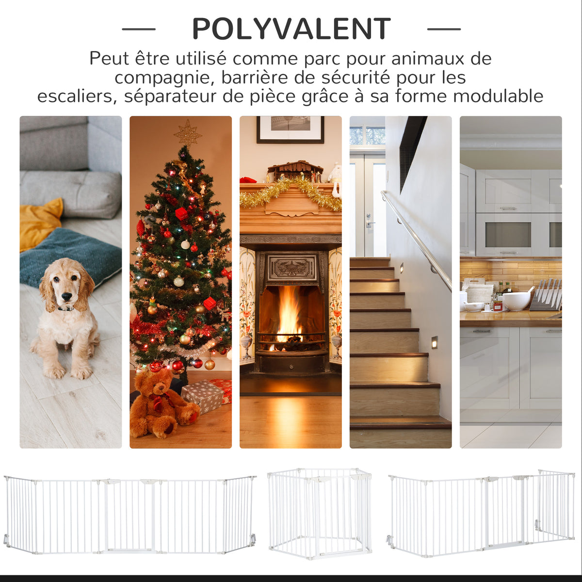 Barrière de sécurité parc enclos chien modulable pliable porte intégrée 300L max. x 74,5H cm métal PP blanc-3