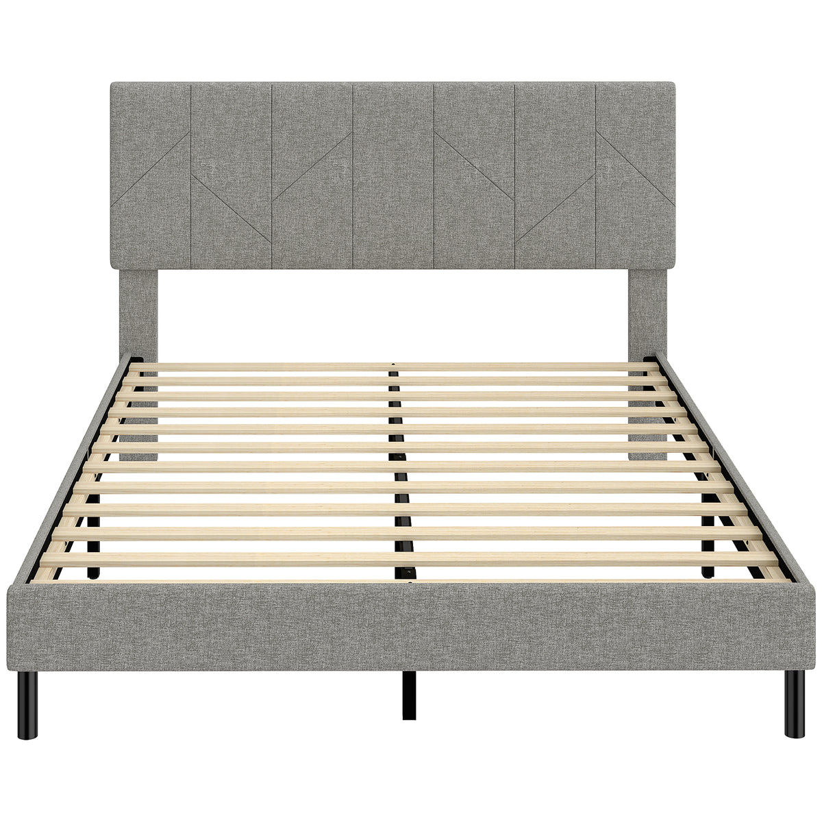 Cadre de Lit 140 x 190 cm avec Sommier et Tête Réglable, Lit Double Rembourré en Lin, Rangement au-dessous, Gris-0