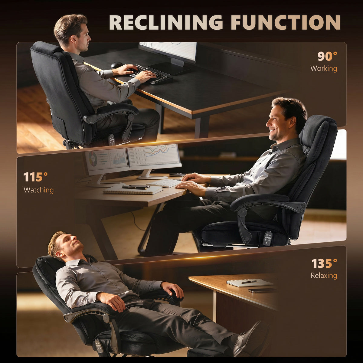Fauteuil de bureau massant et chauffant hauteur réglable dossier inclinable télécommande repose-pieds rétractable noir-7