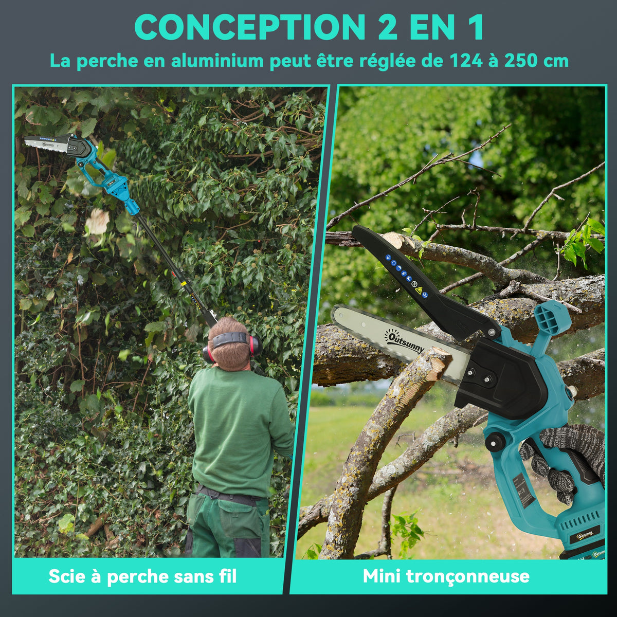 Mini tronçonneuse à batterie 8 pouces 6000mAh 580W élagueuse sans fil pour branches et jardin perche télescopique bleu-3