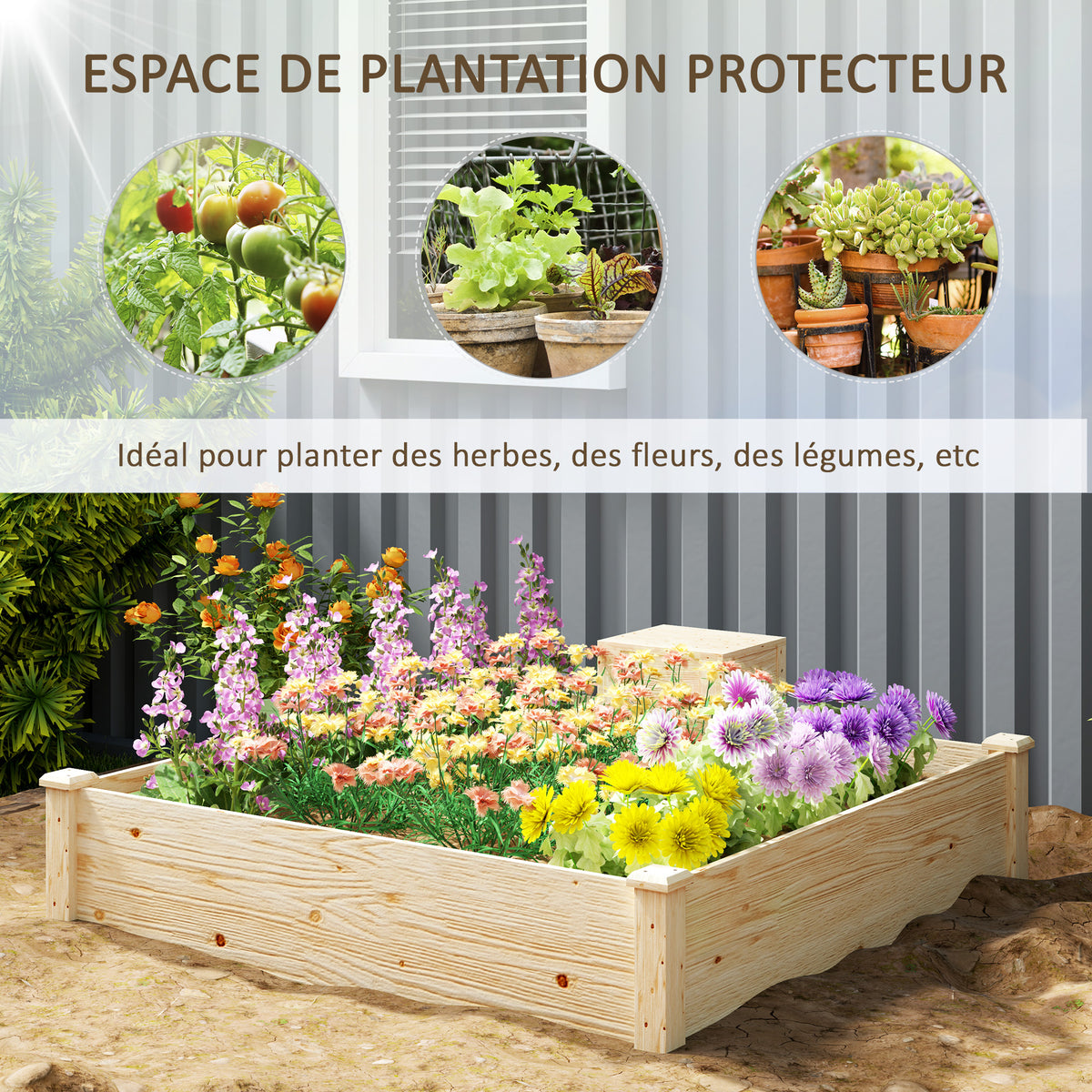 Jardinière en bois carré potager extérieur bois avec bac à compost design à fond ouvert 123 x 123 x 25,5 cm bois naturel-3