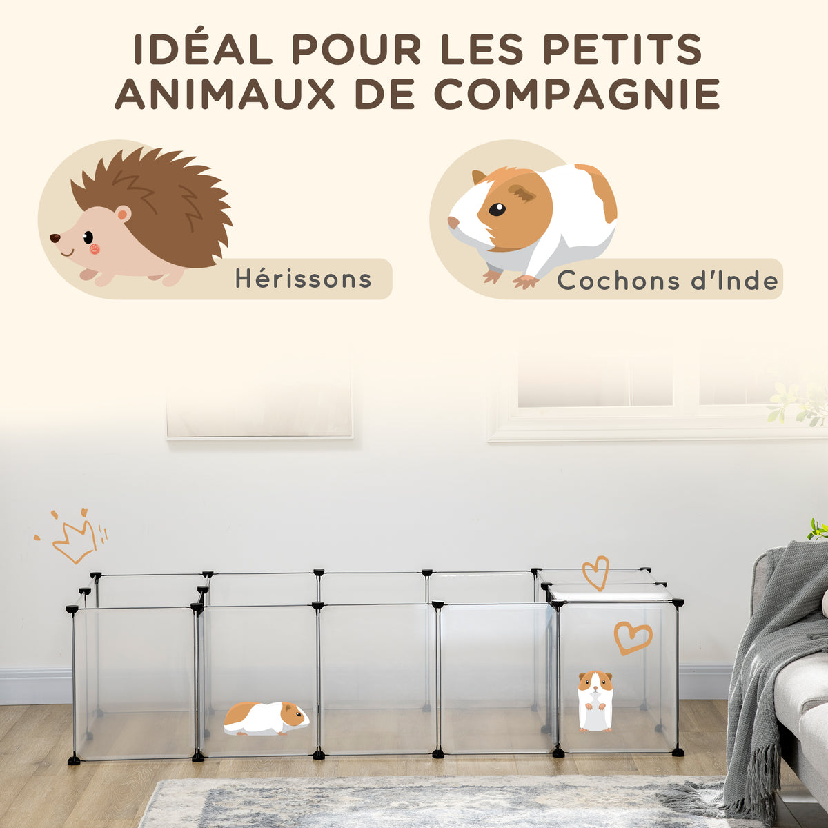 Enclos parc modulable pour petits animaux 20 panneaux pour cochons d'Inde hérisson 175 x 70 x 45 cm blanc-3
