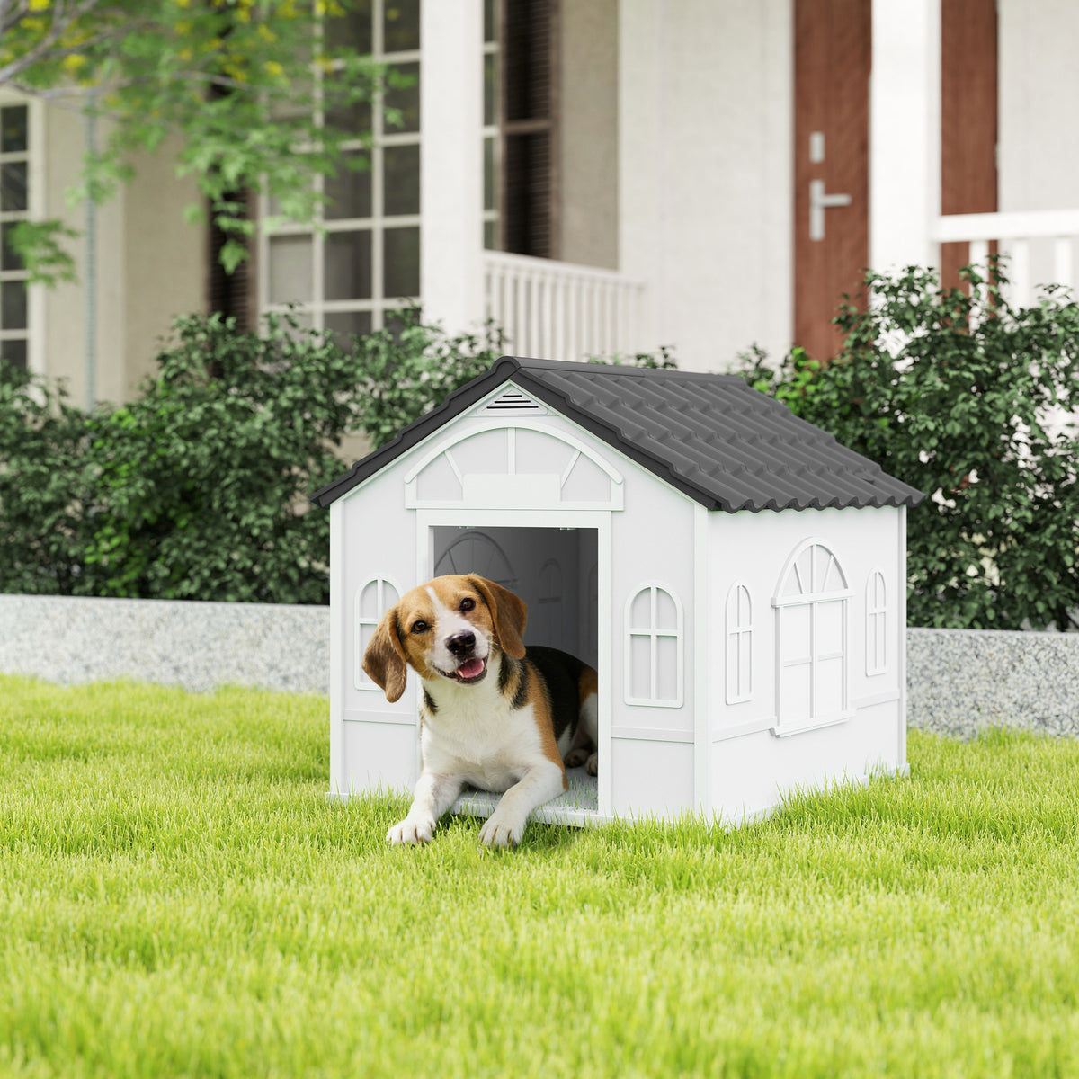 Niche pour Chien Extérieur pour Chiens Moyens et Grands, Maison pour Chien en PP Imperméable avec Toit en Pente, Porte Avant Ouverte et Ouverture d'Aération au-Dessus, 65 x 75,7 x 63 cm, Gris-9