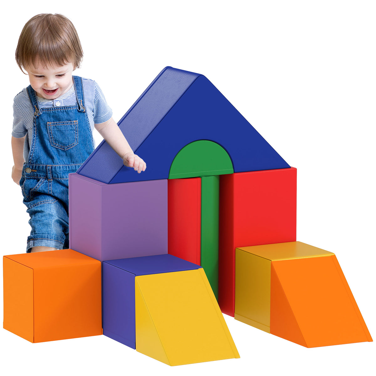 Parcours motricité bébé 11PCS, module motricité bébé en mousse EPE avec housse en revêtement synthétique, blocs mousse de construction, jouets éducatifs pour enfants de 1-3 ans, multicolore-0