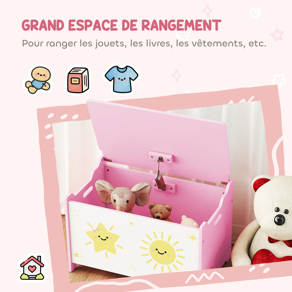 Coffre à jouets avec couvercle, coffre de rangement enfant avec charnières de sécurité, 60 x 37 x 39 cm, rose-3