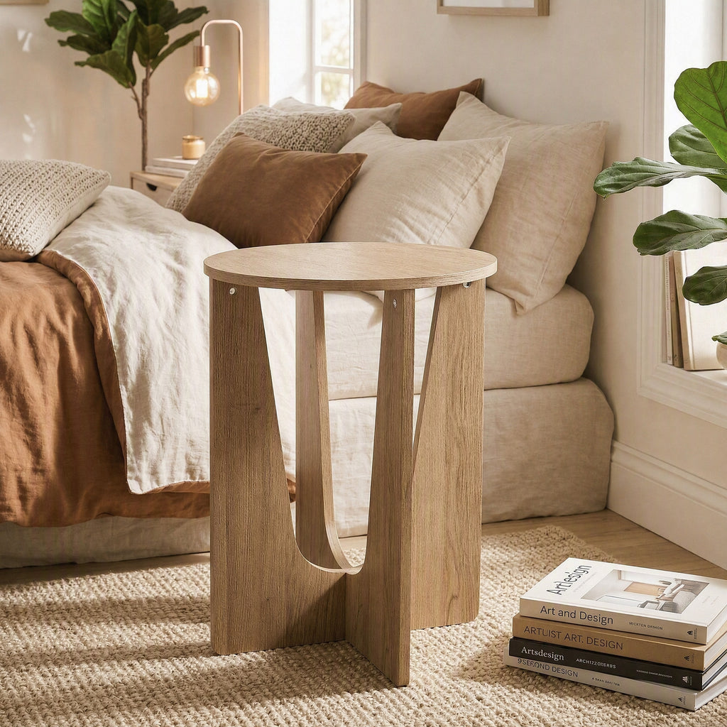 Table d'Appoint Ronde, Table de Salon avec Pieds Incurvés, Style Rustique, pour Salon, Chambre, Effet Bois Café-1