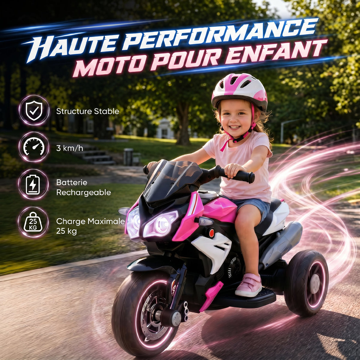 Moto électrique enfants 3 roues 6 V, voiture électrique enfants 3 à 5 ans, effets lumineux et sonores, 86x42x52cm, rose-4