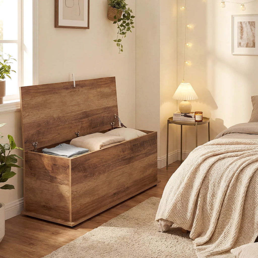 Coffre de rangement, banc de rangement avec couvercle rabattable et charnières de sécurité, 100 x 40 x 40 cm, marron-8
