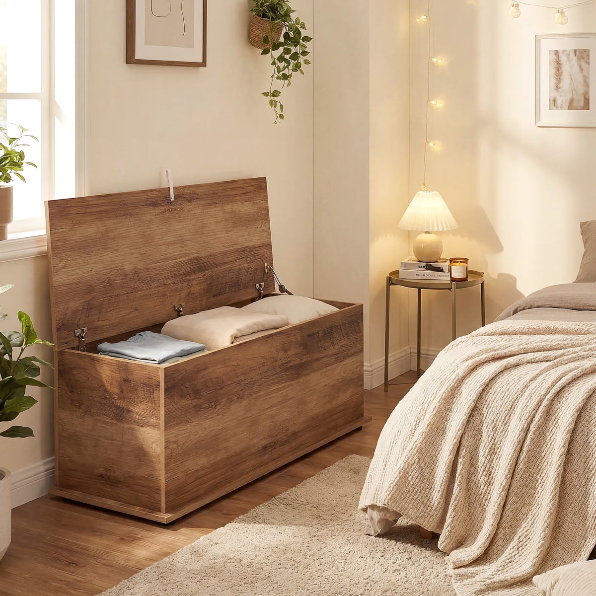Coffre de rangement, banc de rangement avec couvercle rabattable et charnières de sécurité, 100 x 40 x 40 cm, marron-8