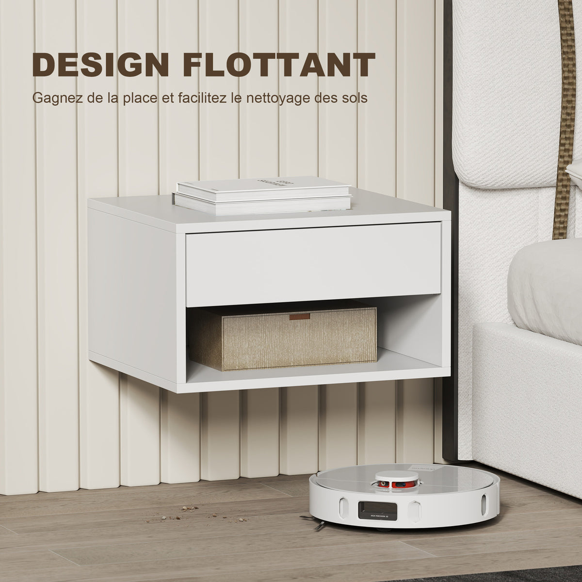 Lot de 2 tables de chevet murales, tables de nuit, tiroir, compartiment ouvert, plateau, 37 x 32 x 21 cm, blanc-4