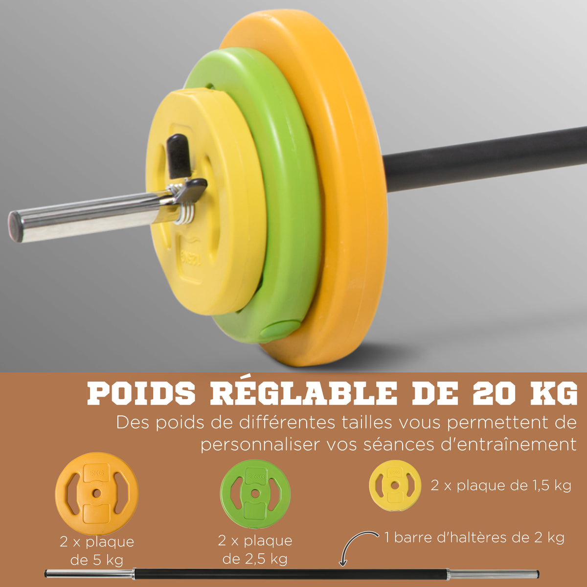 Ensemble haltères et barre 20 kg avec 6 haltères disques de 1,5 kg, 2,5 kg et 5 kg gym musculation orange vert et jaune-3