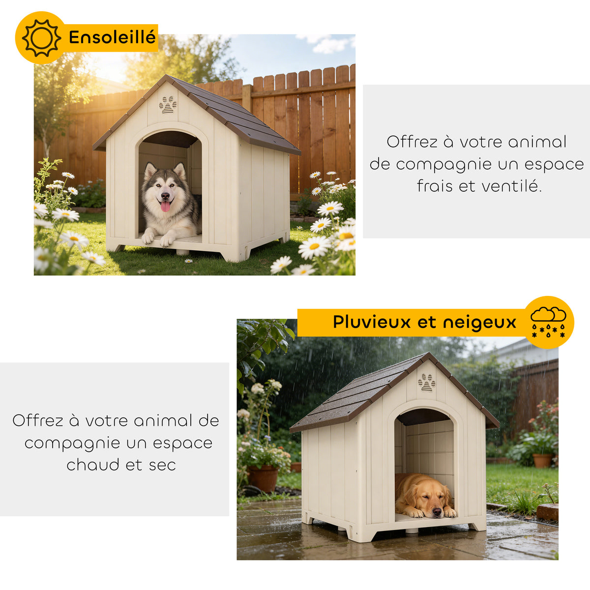 Niche pour chien extérieur, maison chien en polypropylène imperméable, ventilé, plancher surélevé, beige-5