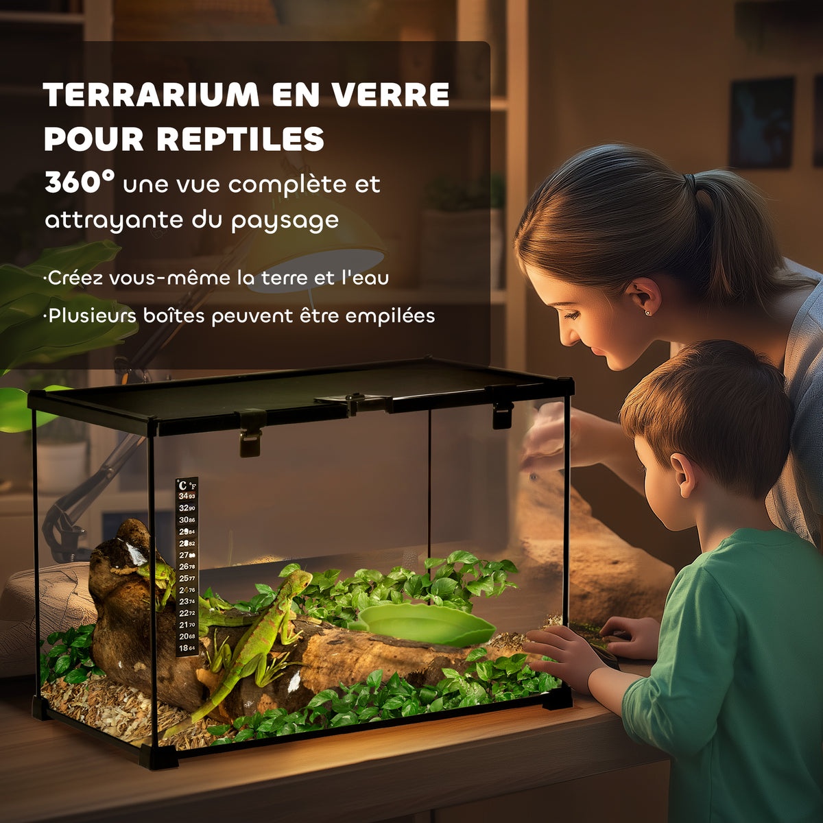 Boîte à reptiles boîte d'élevage de reptiles habitat de terrarium couvercle coulissant treillis métallique thermomètre-3