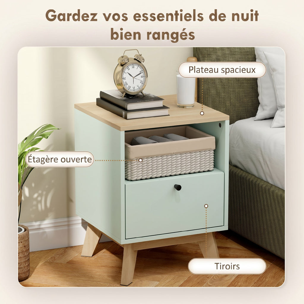 Lot de 2 tables de chevet, tables de nuit avec tiroir et compartiment ouvert, 40 x 40 x 55 cm, chêne et vert clair-4