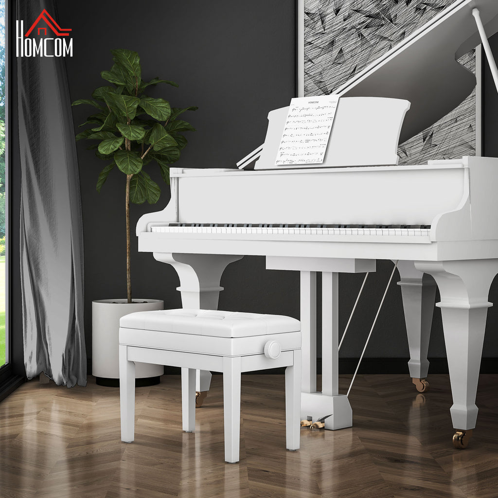Banc de piano, banc de clavier réglable en hauteur en bois massif, compartiment de rangement, 55 x 33 x 48-58 cm blanc-1