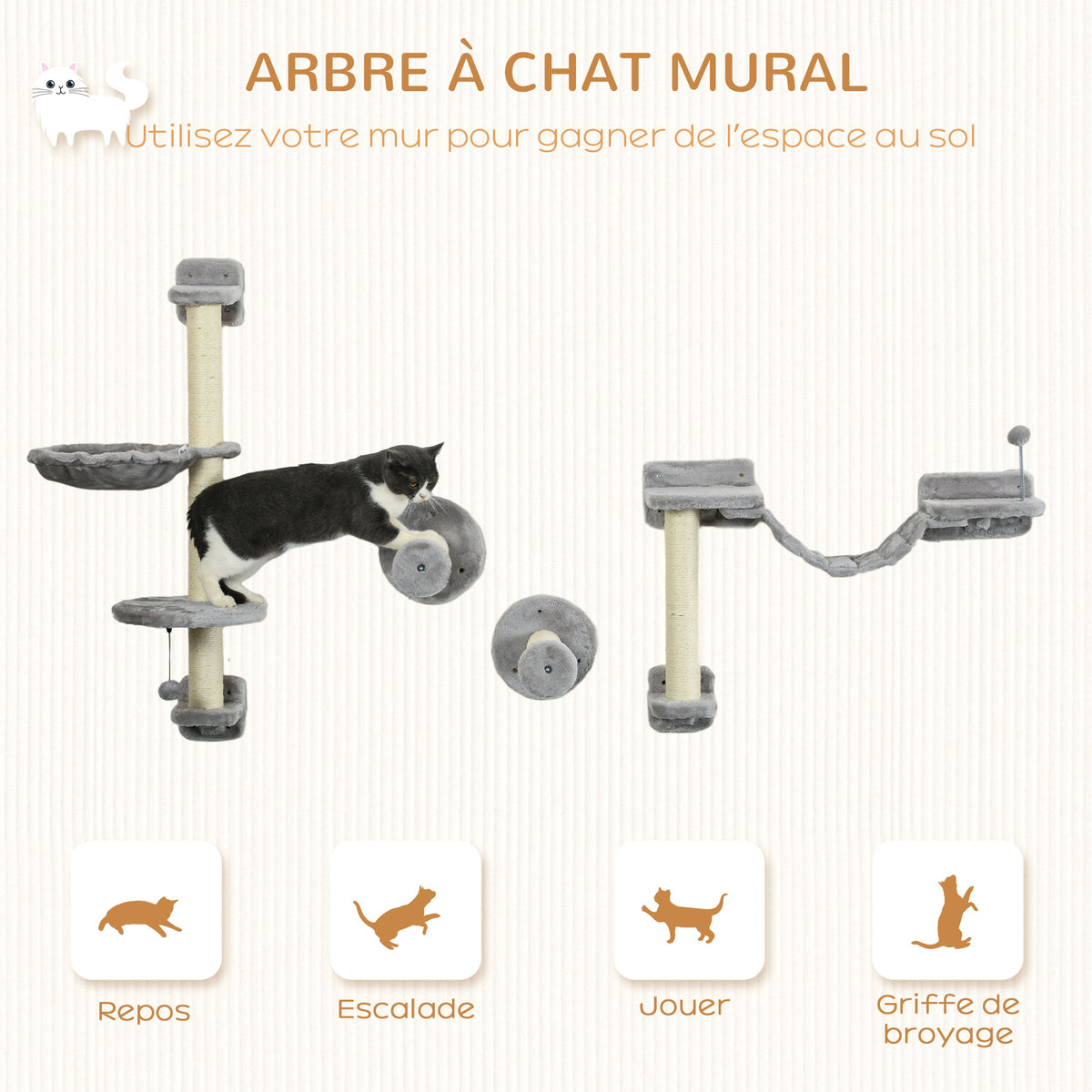 Arbre à chat parcours mural complet 4 pièces hamac, pompon, plateformes de saut, poteau en sisal et échelle peluche gris-3