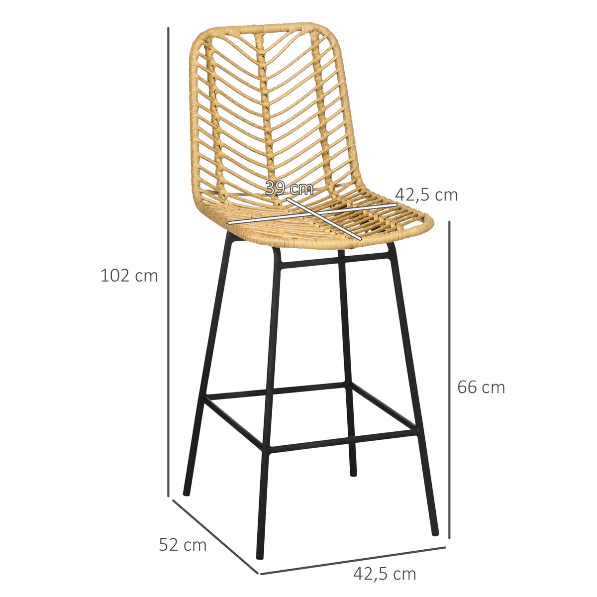 Lot de 4 tabourets de bar, chaises de bar, dossier en cannage et repose-pieds, cadre en acier, 42,5x52x102cm, jaune-2