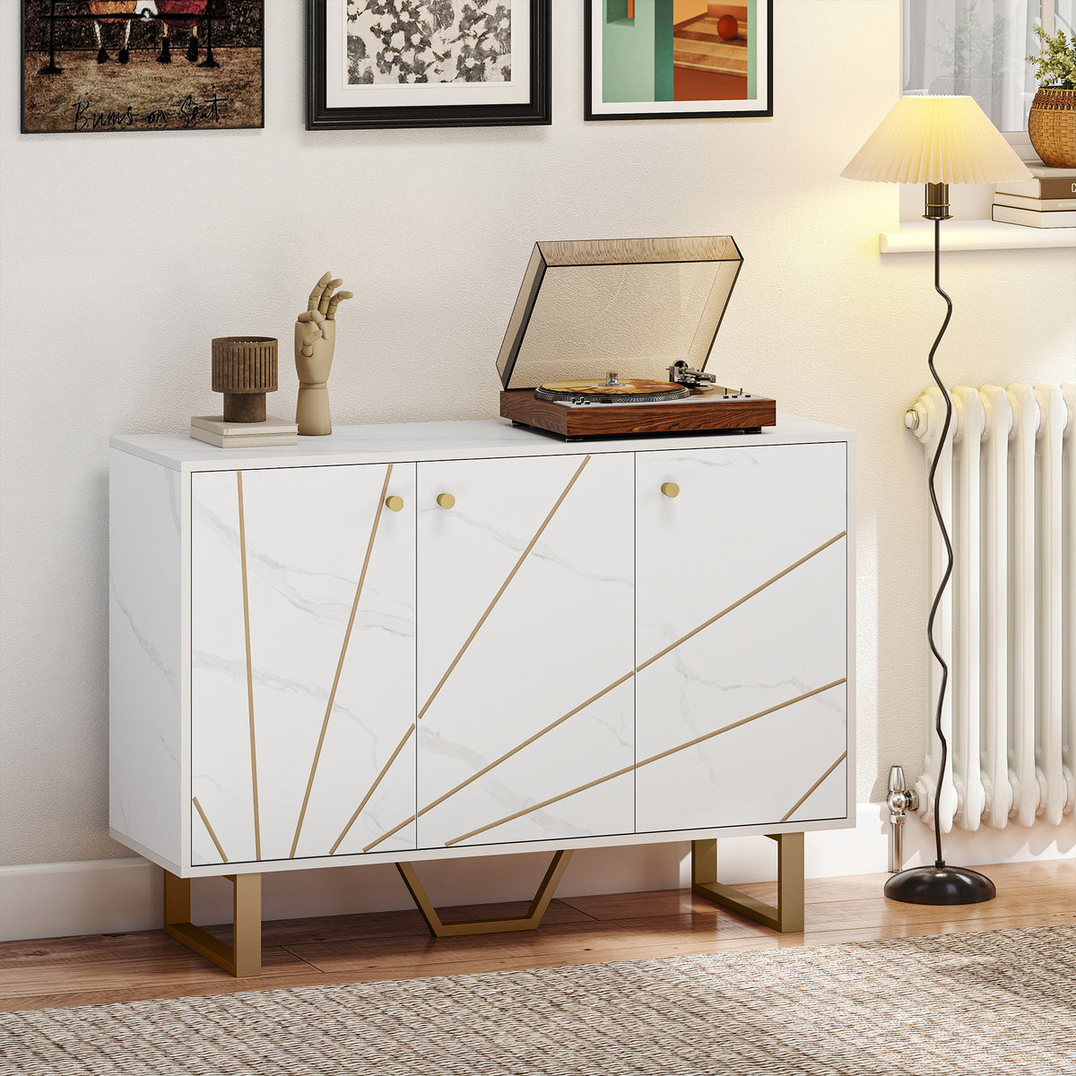 Meuble de rangement buffet salon avec 2 placards 3 portes et étagère réglable, pieds en métal, aspect marbre blanc-1