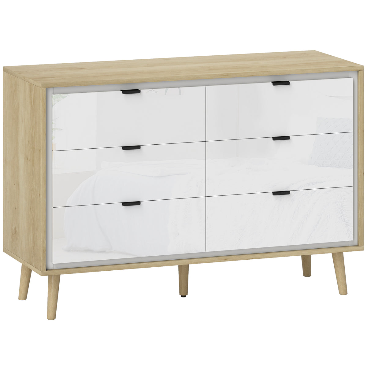 Commode 6 tiroirs, meuble de rangement à haute brillance, 5 pieds en bois, 110 x 40 x 75 cm, blanc et chêne-0