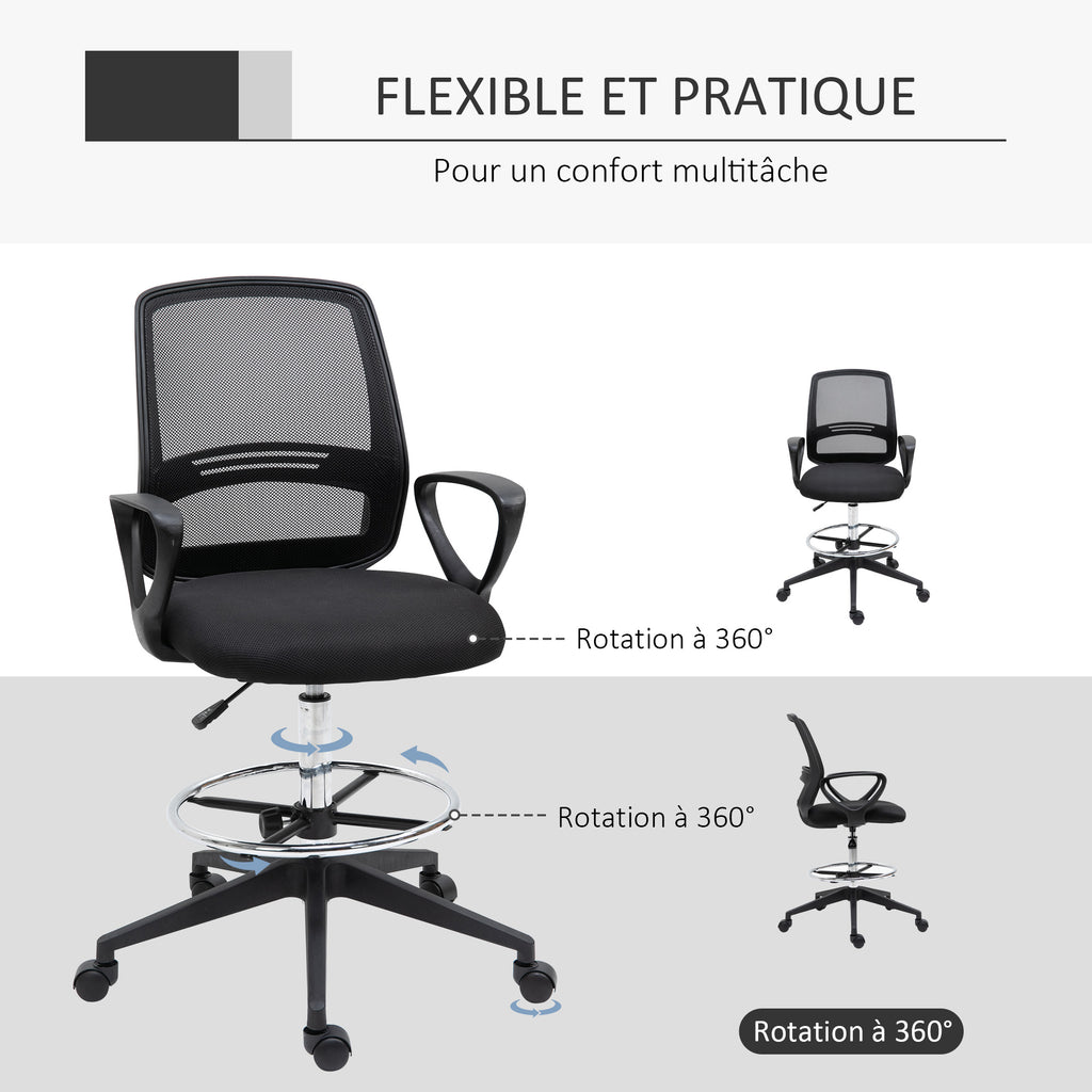 Fauteuil de bureau chaise de bureau assise haute réglable tabouret de bureau pivotant 360° maille respirante-6