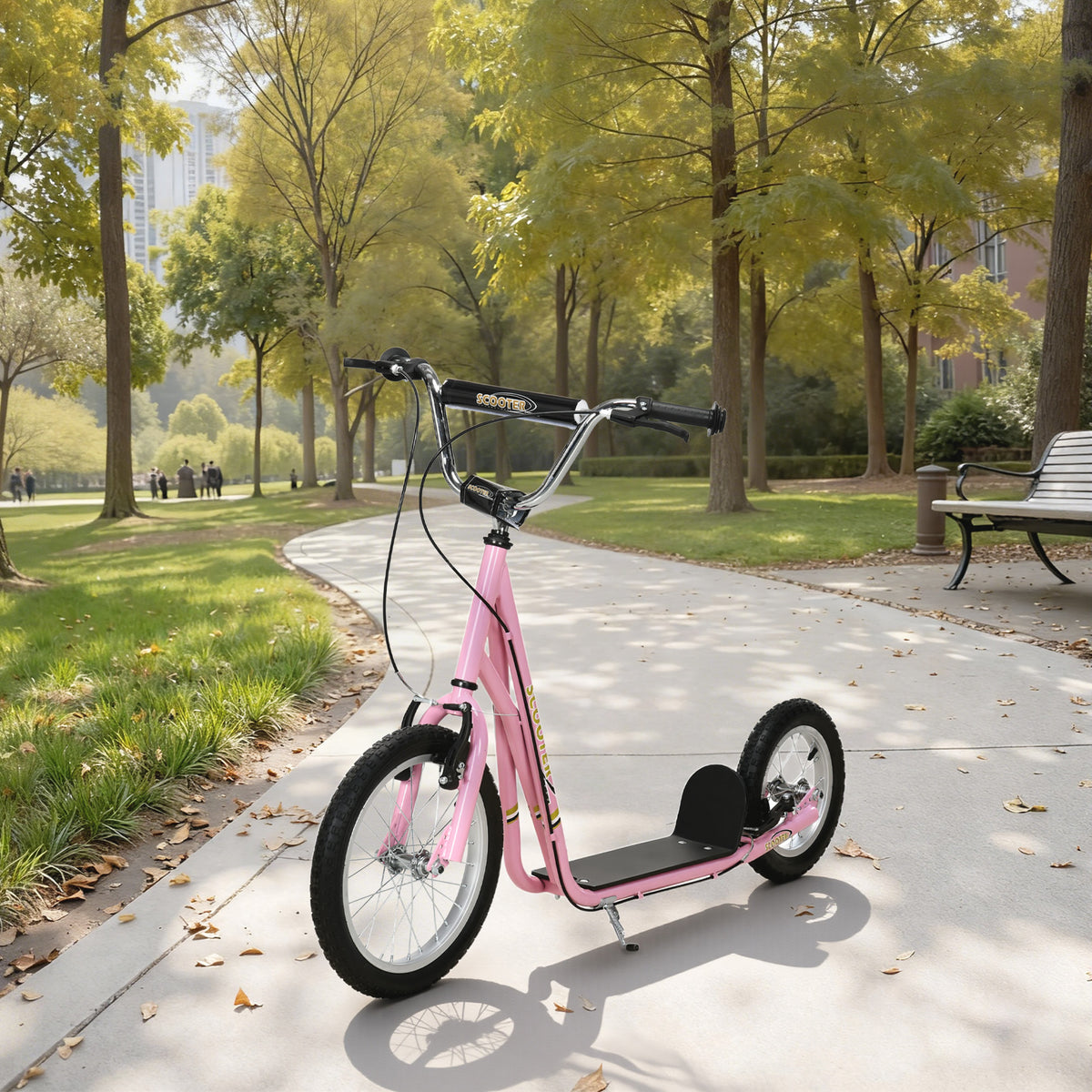 Trottinette patinette Enfant à partir de 5 Ans Grands pneus Guidon réglable poignées Freins et béquille Acier Rose-9