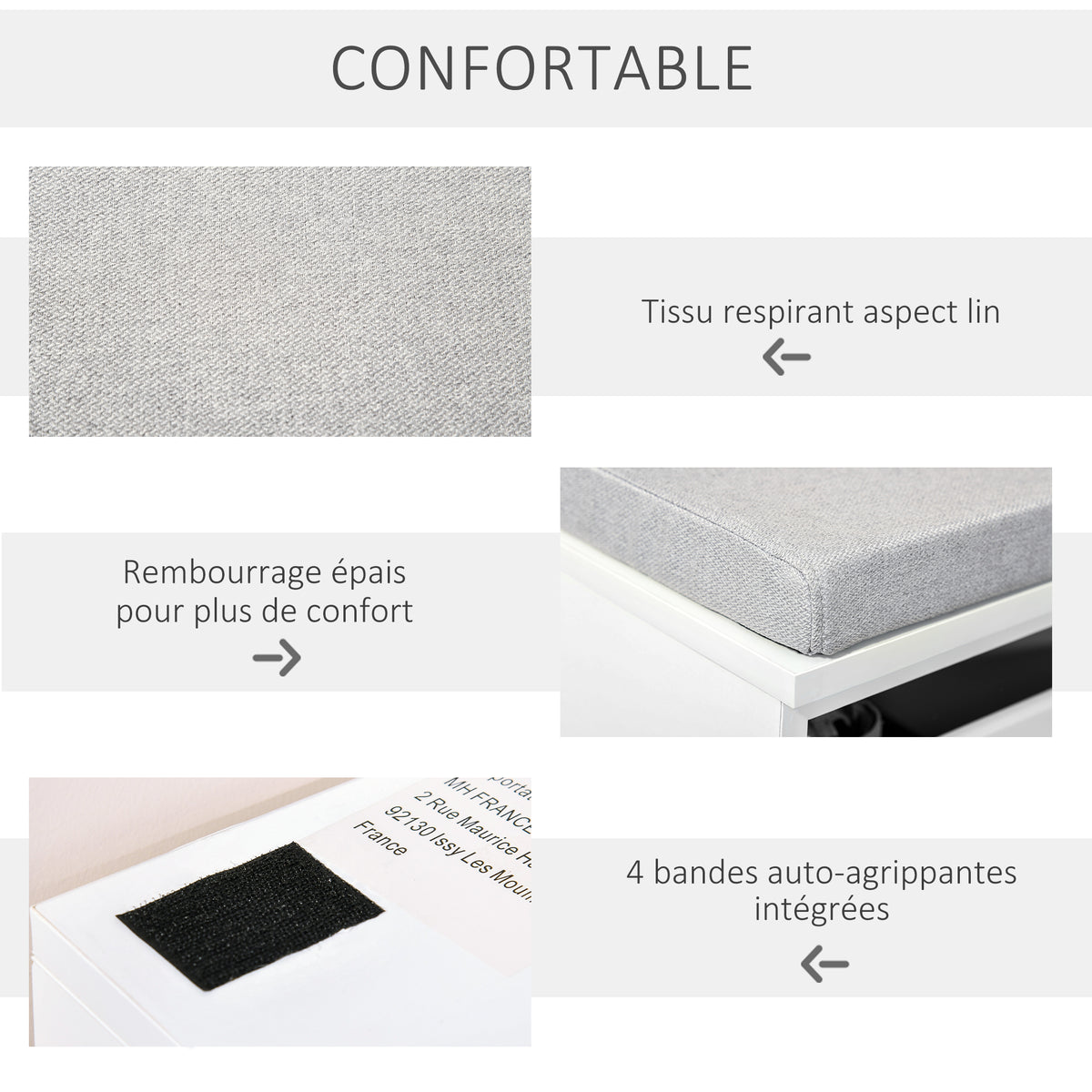 Banc de Rangement avec Coussin Gris - Meuble à Chaussures - Banc à Chaussures avec Grand tiroir Double Compartiment - MDF Blanc-4