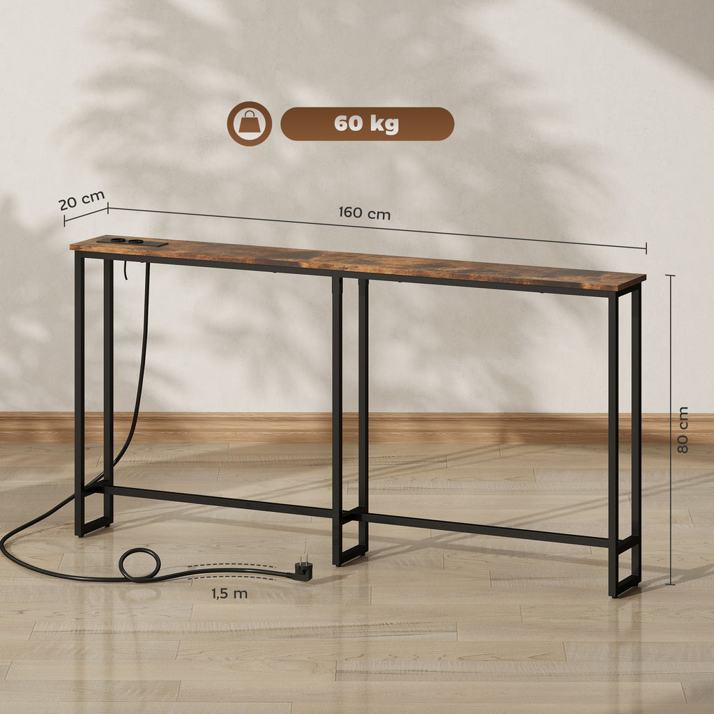 Table console étroite style industriel avec prises de courant et USB, pour salon entrée couloir, 160x20x80cm, marron-2