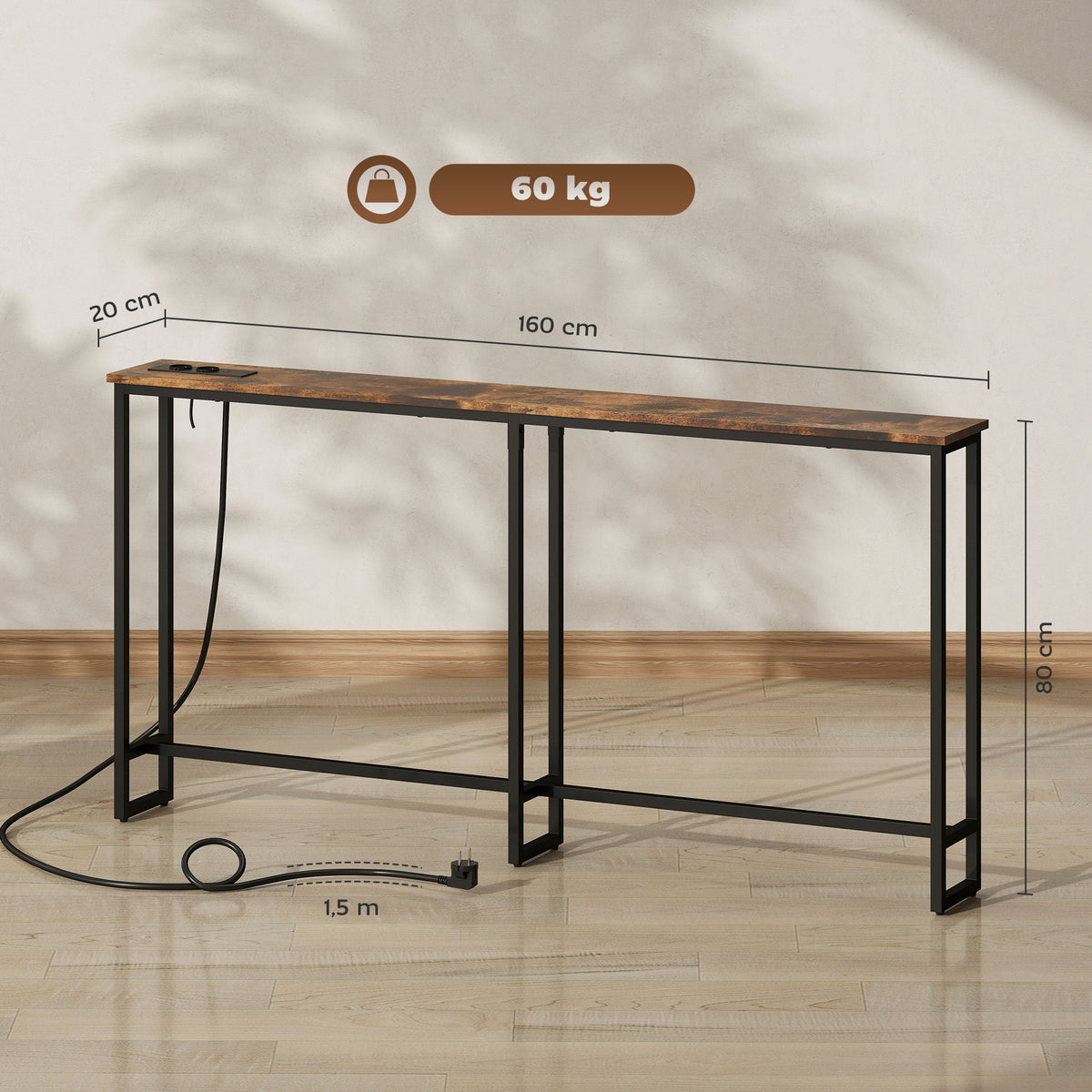 Table console étroite style industriel avec prises de courant et USB, pour salon entrée couloir, 160x20x80cm, marron-2