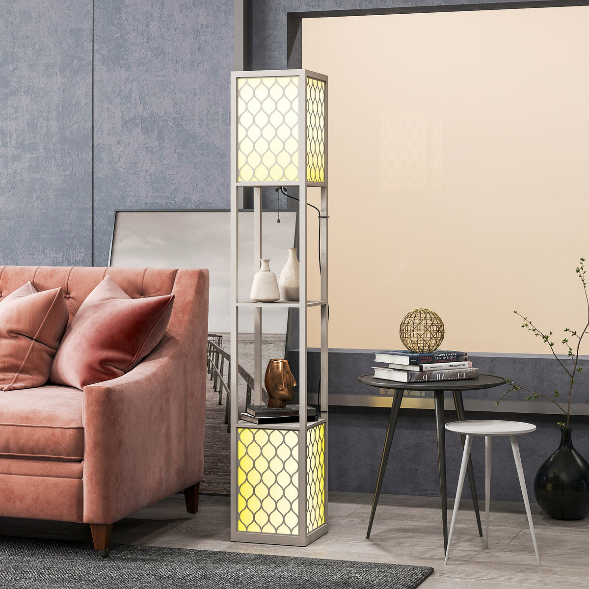 Lampadaire étagère 2 lampes 2 étagères 4 niveaux MDF gris motif nid d'abeille 26 x 26 x 156 cm gris-7