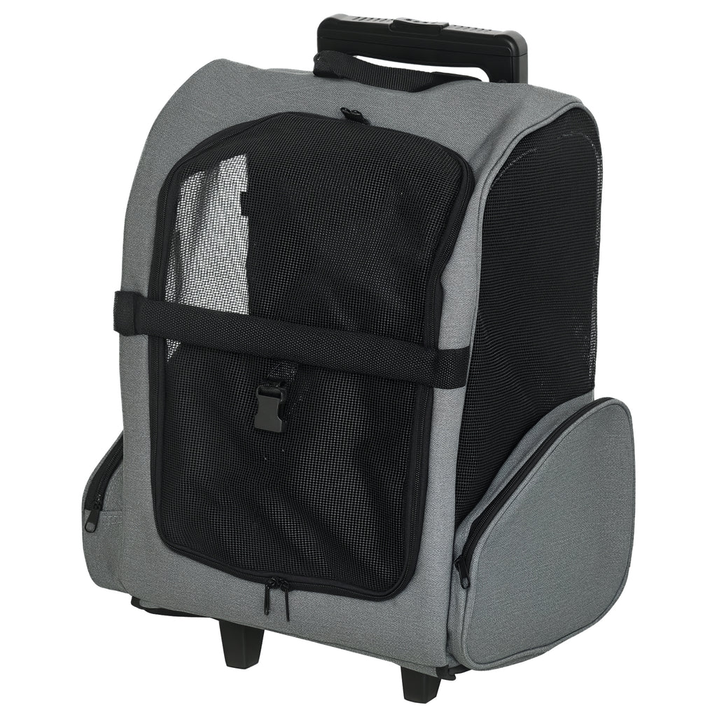 Sac de transport à roulettes pour chien 2 en 1 trolley chariot sac à dos pour chien chat avec poignée téléscopique, sacs de rangement, aérations, attache de sécurité, 42 x 25 x 55 cm, gris-0