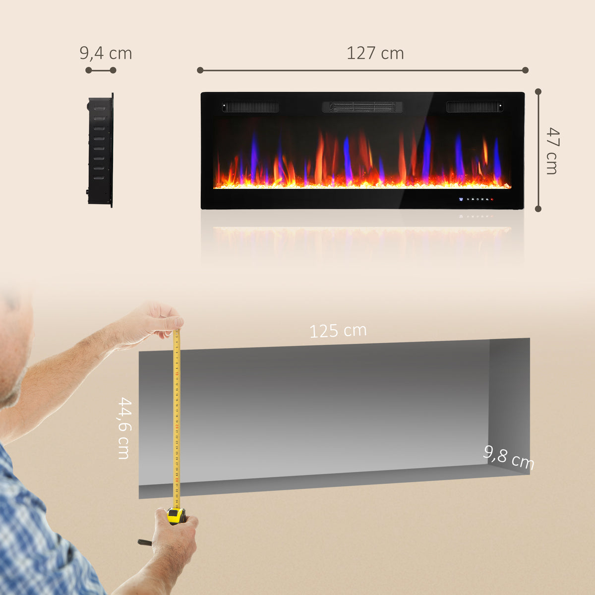 Cheminée électrique mural ou encastrable 900W/1800W, effet flamme à 12 couleurs 5 luminosités, 127 x 9,4 x 47 cm, noir-2