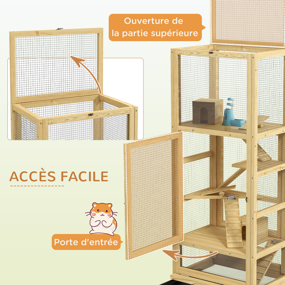 Cage pour hamsters ou petits animaux en bois 5 niveaux avec échelle niche balançoire 54 x 38 x 131 cm naturel-4