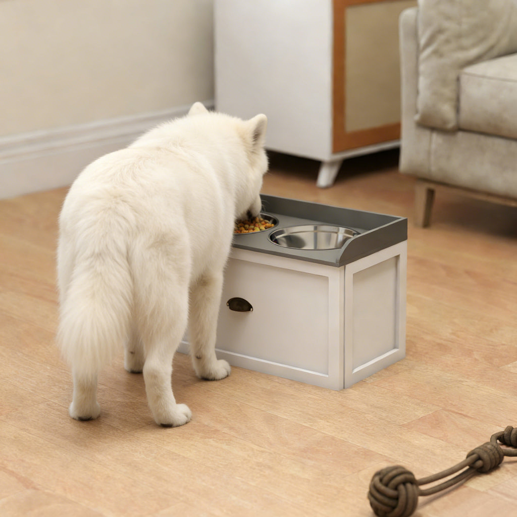 Gamelle double chien chat - porte-gamelles surélevé rangement 2 en 1 - tiroir, 2 gamelles - acier inox. MDF blanc gris-9