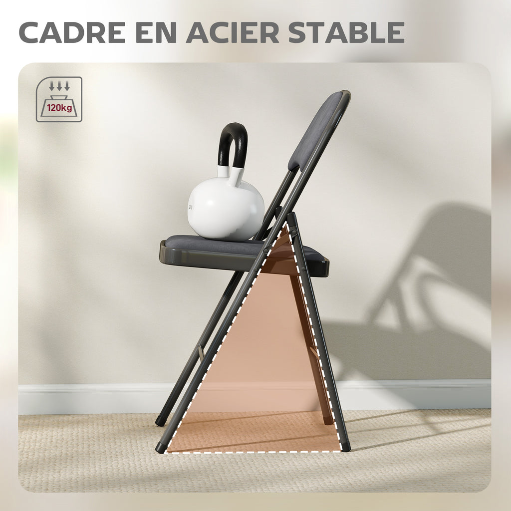Lot de 4 chaises pliantes et portables intérieur avec assises et dossiers rembourrés en velours, cadre en acier, gris foncé-6