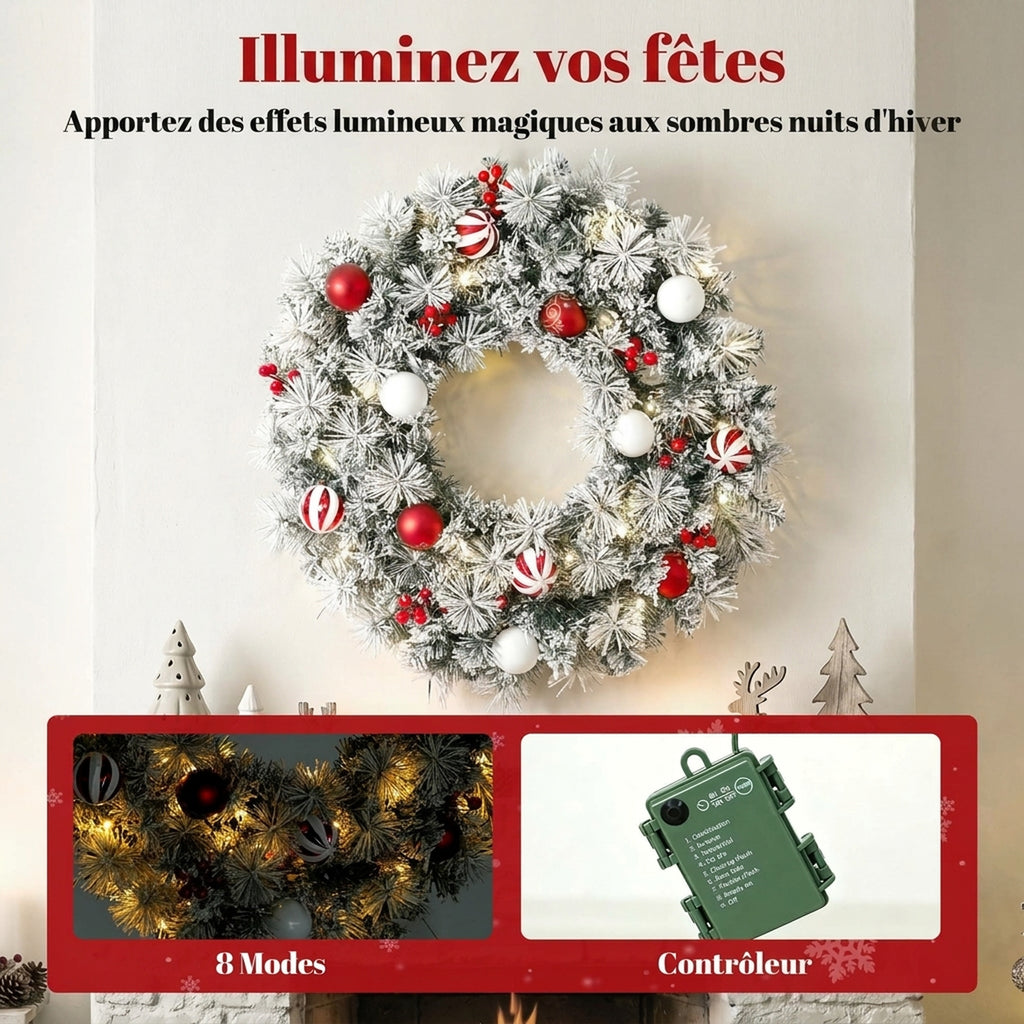 Couronne de Noël Lumineuse 60 cm Enneigée Floquée avec 50 LED, 15 Boules Décoratives, 140 Branches, 8 Modes, Vert-4