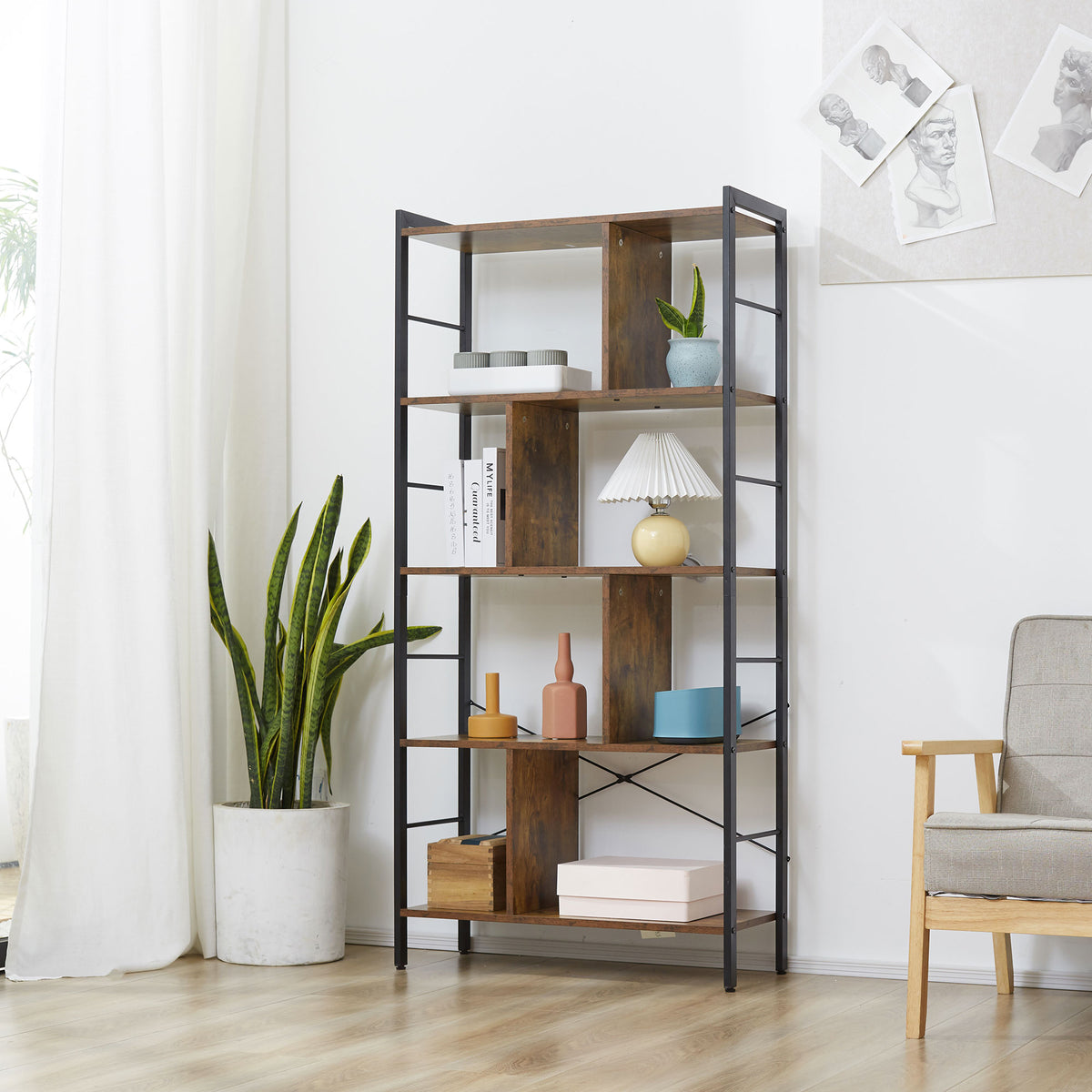 Bibliothèque étagère de rangement à 5 niveaux avec compartiments ouverts 74 x 30 x 157,5 cm brun rustique et noir-1