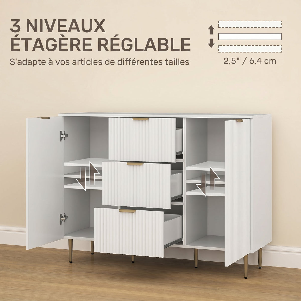 Buffet meuble cuisine rangement avec 3 tiroirs, étagères réglables, placards à portes cannelées, 120 x 40 x 90 cm, blanc-4