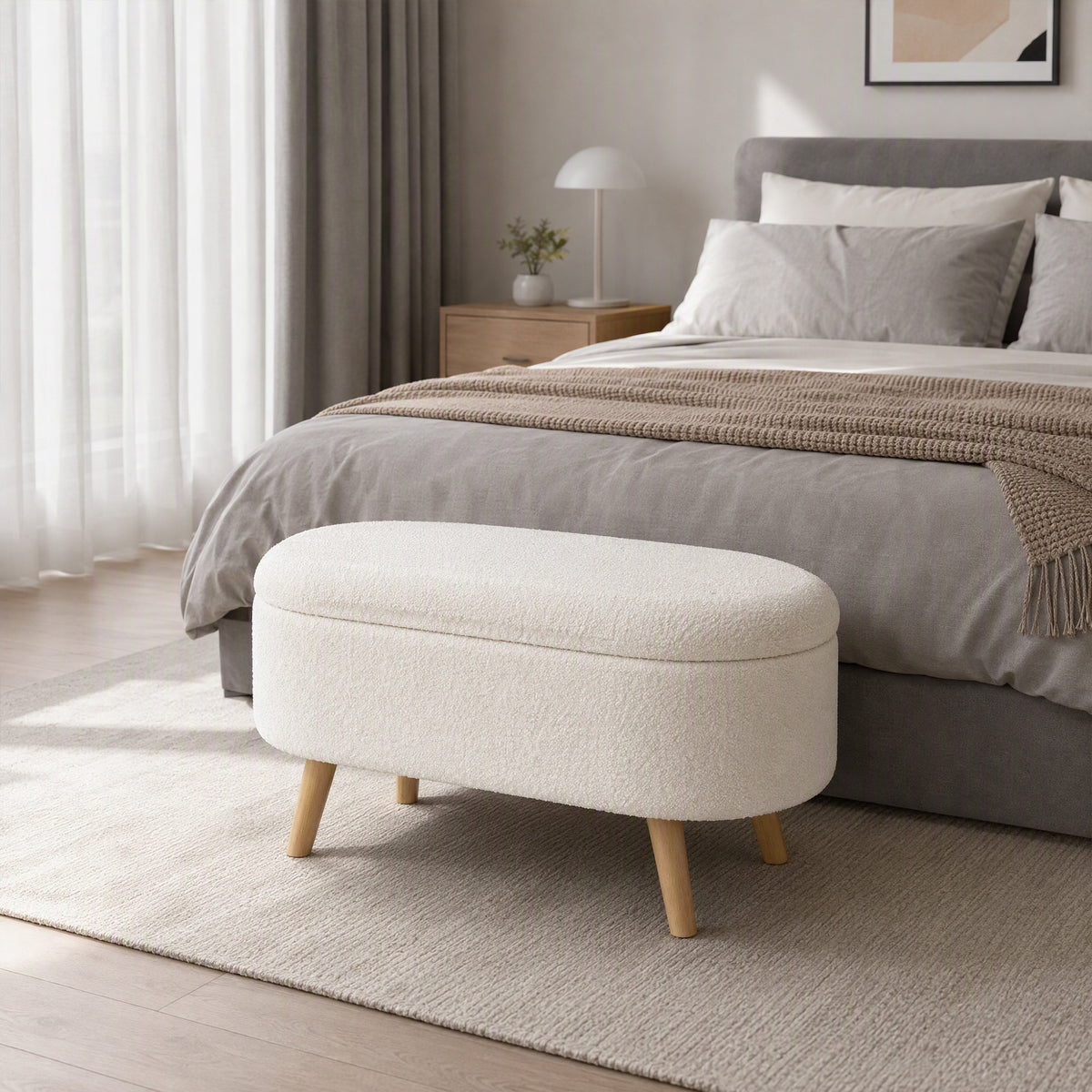Banc de Rangement, Bout de Lit Rembourré en Peluche Teddy avec Couvercle et Pieds en Bois, 82 x 41 x 45 cm, Blanc-1