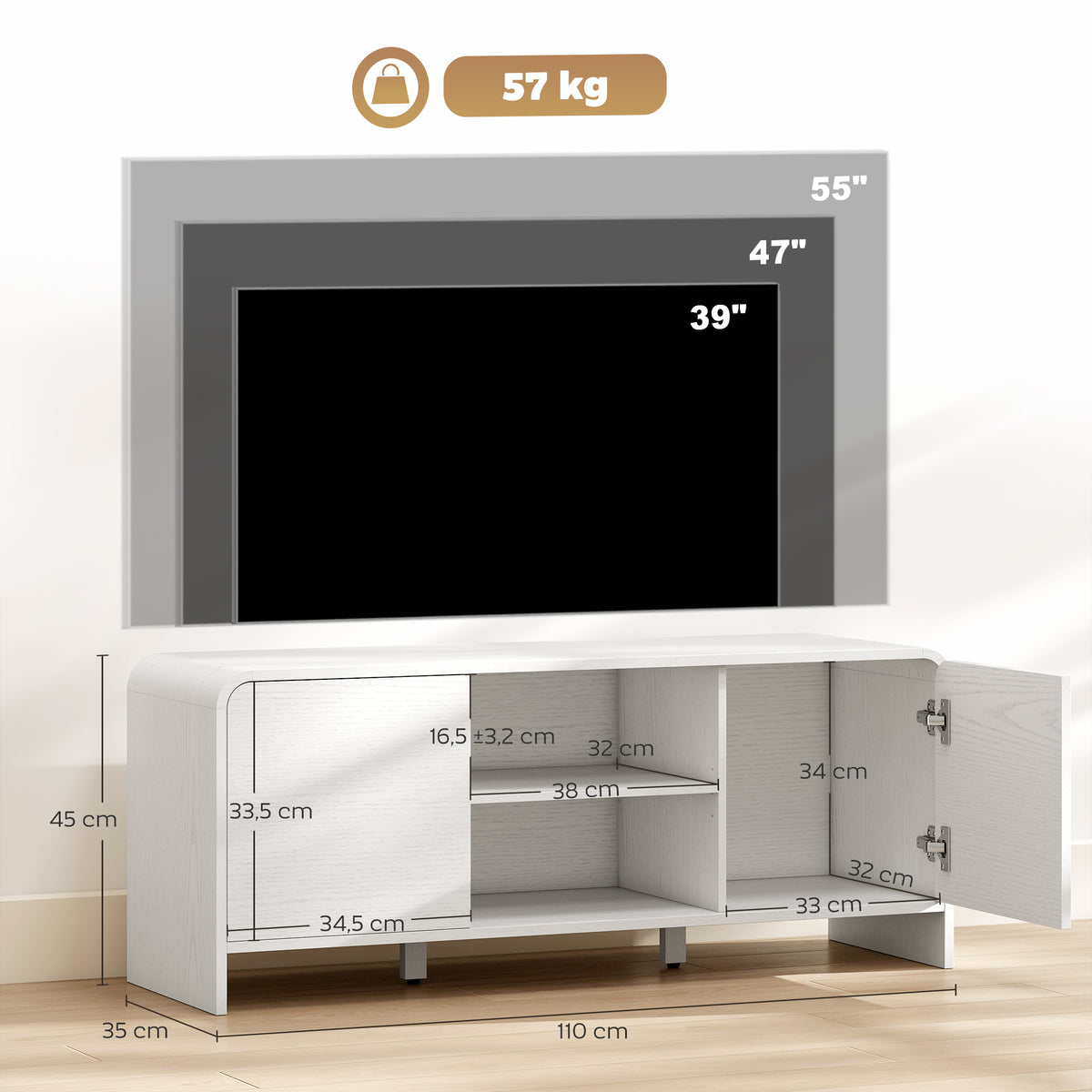 Meuble TV meuble télé pour téléviseur jusqu'à 55 pouces 2 portes 2 compartiments étagère réglable 110x35x45cm blanc-2